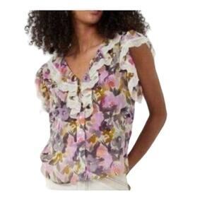 French Connection Orchid Bouquet Floral Ruffle Lace Cap Sleeve Womens Blouse 6